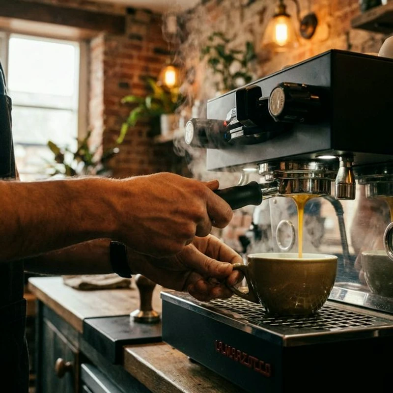Barista operating an espresso machine at Dear Jack Coffee